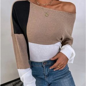 Colorblock Batwing Sleeve Rib-knit Tee